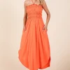 Tie Back Shirring Dress with Pockets - Living Coral