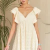 Tie Back V-Neck Ruffle Sleeve Dress - Ivory