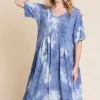 Tie-Dye V-Neck Half Sleeve Dress - Dusty Blue