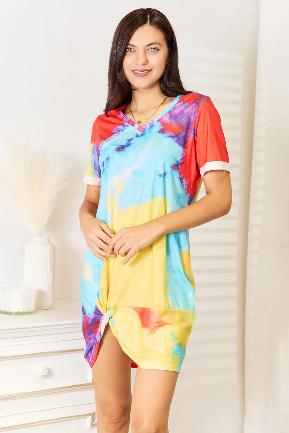 Tie-Dye V-Neck Twisted Dress - Multicolor
