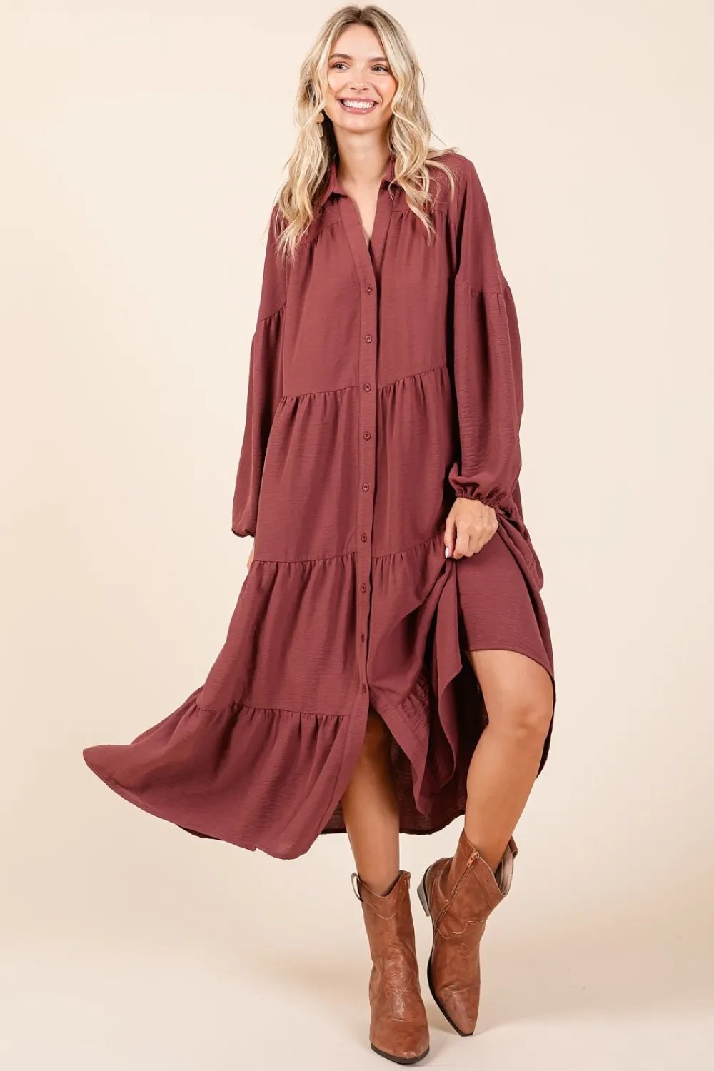 Tiered Button Down Long Sleeve Midi Dress - Sienna