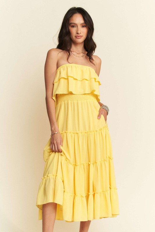 Tiered Flowing Tube Midi Dress - Yellow