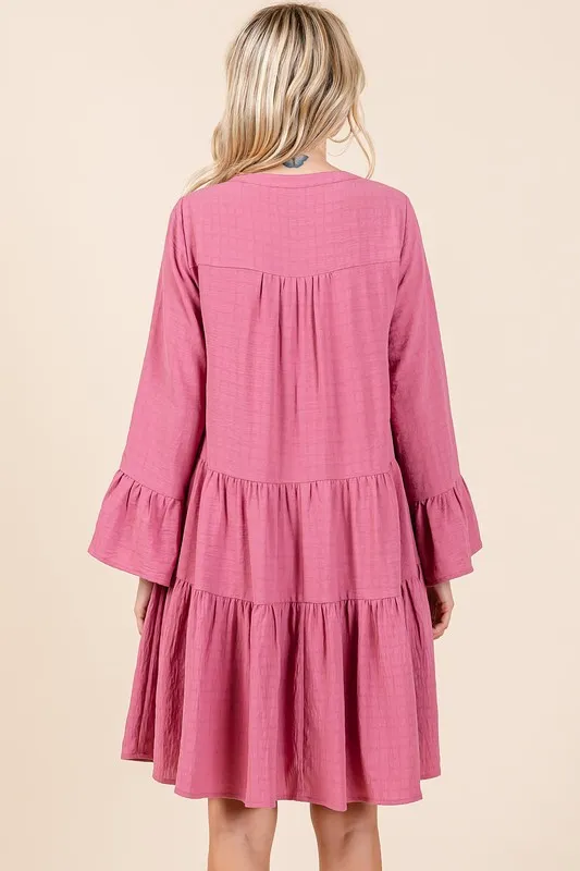 Tiered-Notched-Flare-Sleeve-Dress-Rose-2
