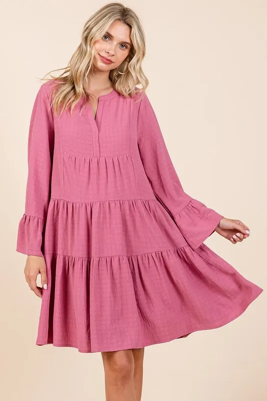 Tiered-Notched-Flare-Sleeve-Dress-Rose-3