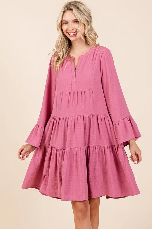 Tiered-Notched-Flare-Sleeve-Dress-Rose-4