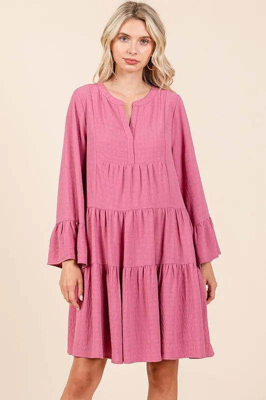 Tiered Notched Flare Sleeve Dress - Rose
