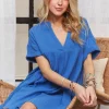 Tiered Notched Short Sleeve Dress - Blue