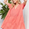 Tiered Notched Short Sleeve Dress - Coral