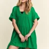 Tiered Notched Short Sleeve Dress - Green