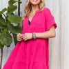 Tiered Notched Short Sleeve Dress - Hot Pink