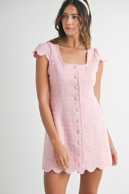 Tweed Scallop Hem Line Mini Dress - Rose