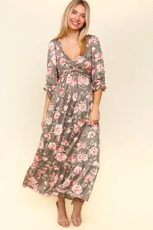 Twisted Detail Ruffled Hem Floral Dress with Side Pockets -   Mauve Blush