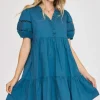 USA Full Size Lace Detail Puff Sleeve Mini Dress Plus Size - Cerulean