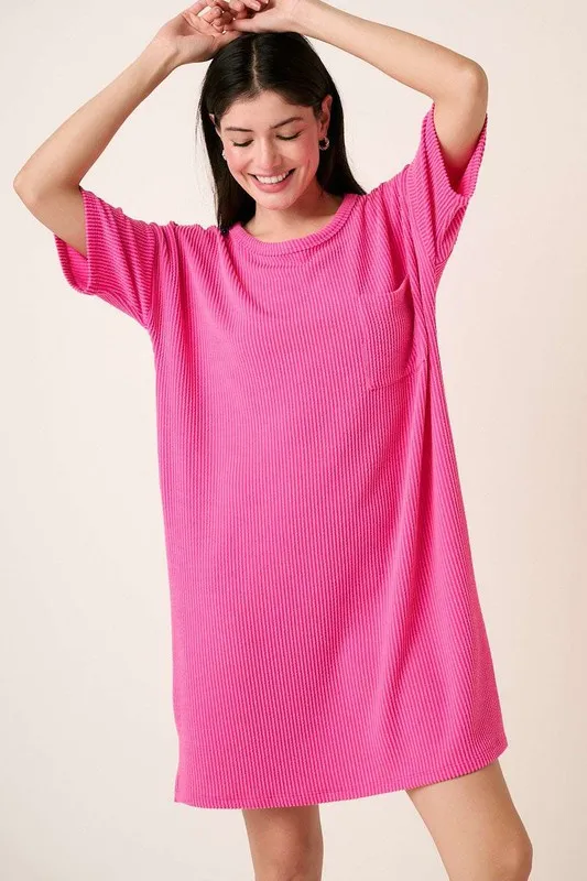 Urban Rib Knit Short Sleeve Tee Dress - Hot Pink