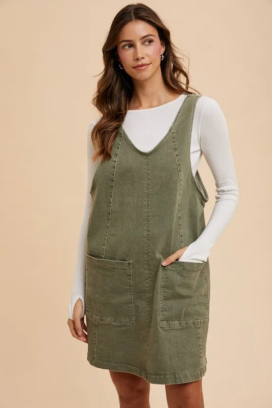 V-Neck Adjustable Strap Denim Overall Dress with Pockets - Army Green