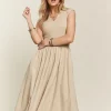 V-Neck Cap Sleeve Dress - Tan