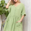 V-Neck Half Sleeve Dress with Pockets - Dusty Green
