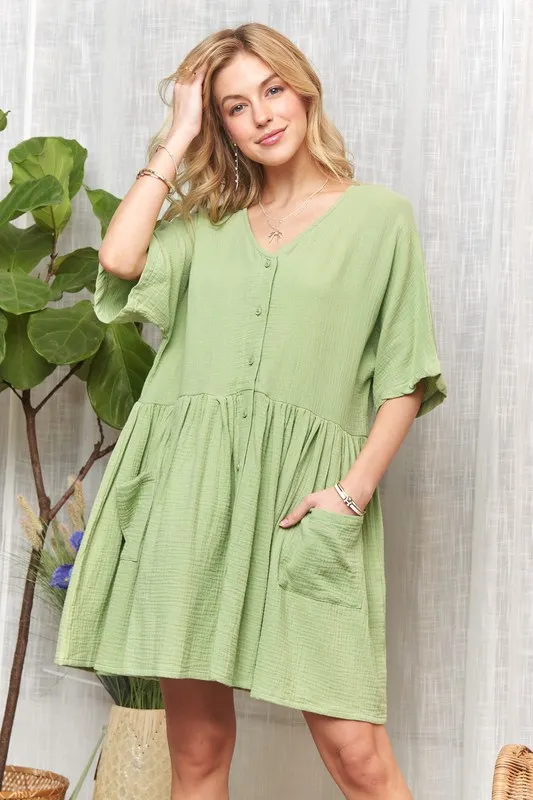V-Neck Half Sleeve Dress with Pockets - Dusty Green