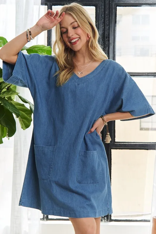 V-Neck Half Sleeve Mini Denim Dress -  Peacock  Blue