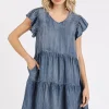 V-Neck Ruffled Cap Sleeve Mini Dress - Dk Denim