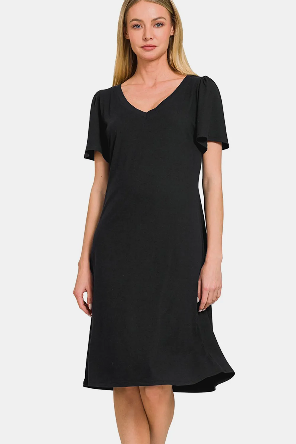 V-Neck Short Sleeve Dress - Black