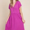 V-Neck Short Sleeve Dress - Magenta