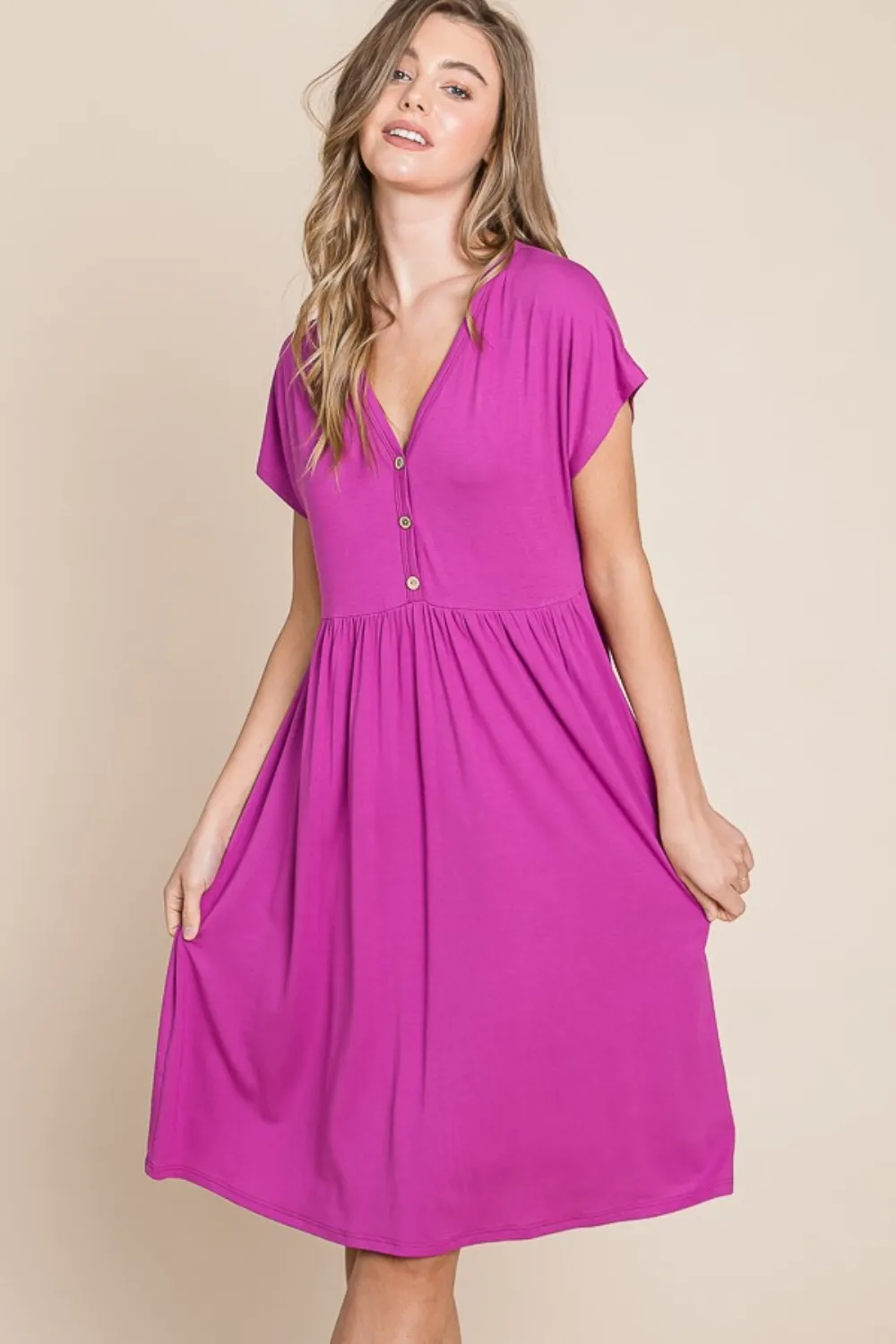 V-Neck Short Sleeve Dress - Magenta