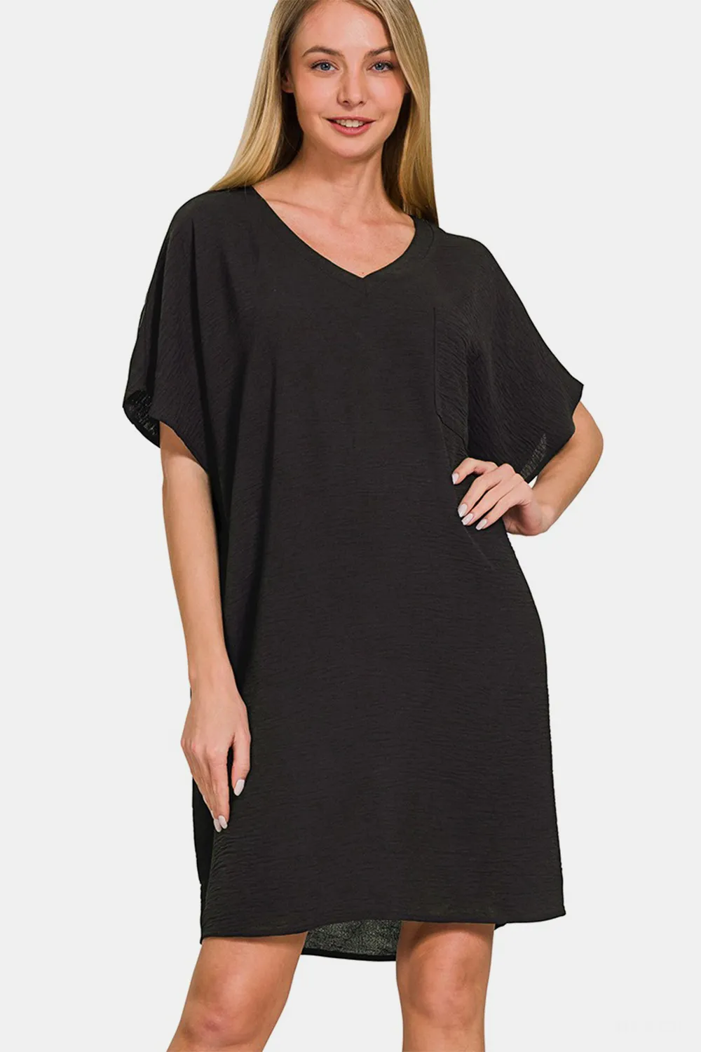 V-Neck Tee Dress with Pockets - Black