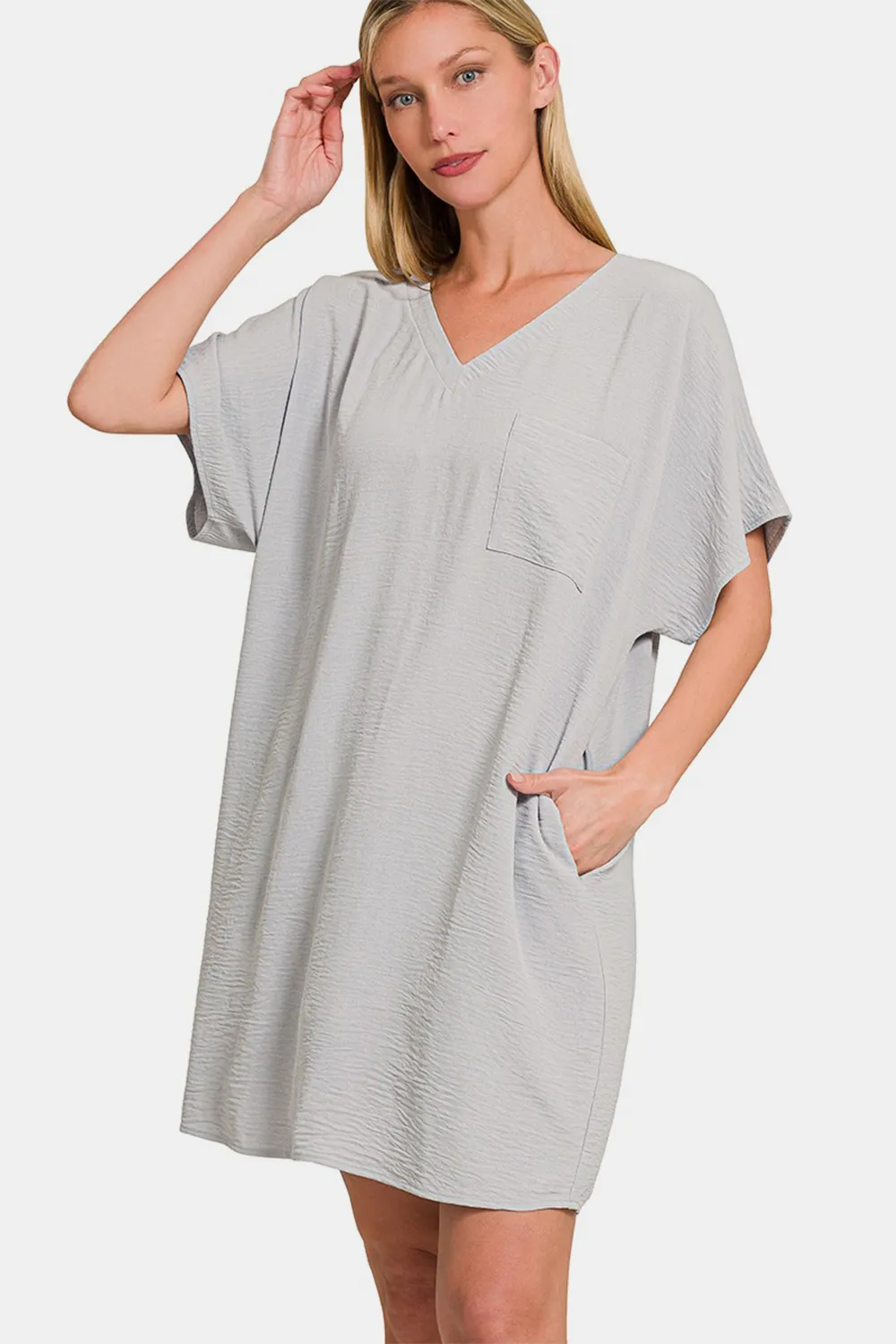V-Neck Tee Dress with Pockets - Lt Grey