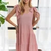 V-Neck Tie Shoulder Dress - Dusty Pink