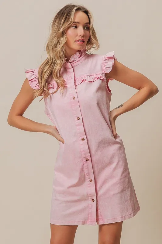 Washed Button Down Ruffled Cap Sleeve Denim Dress - Blush Pink