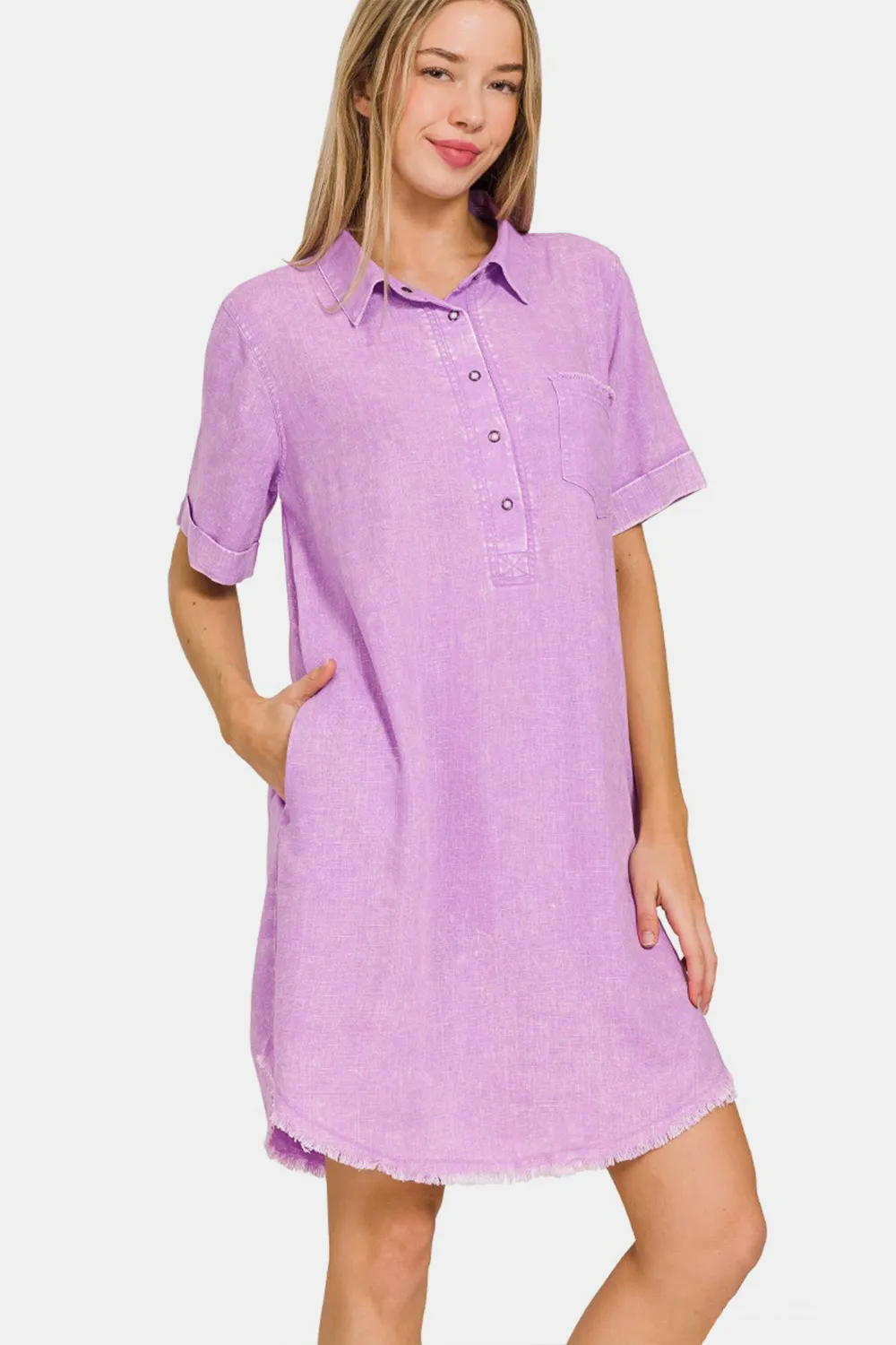 Washed Linen Raw Hem Dress with Pockets - Blavender
