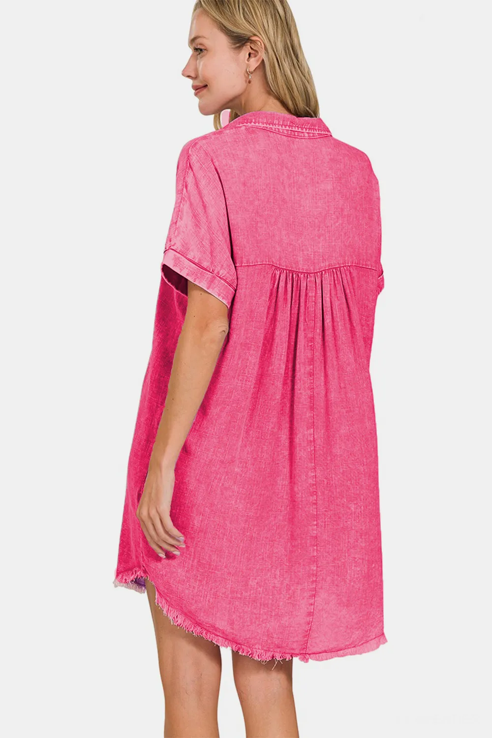Washed-Linen-V-Neck-Raw-Hem-Dress-Fuchsia-2