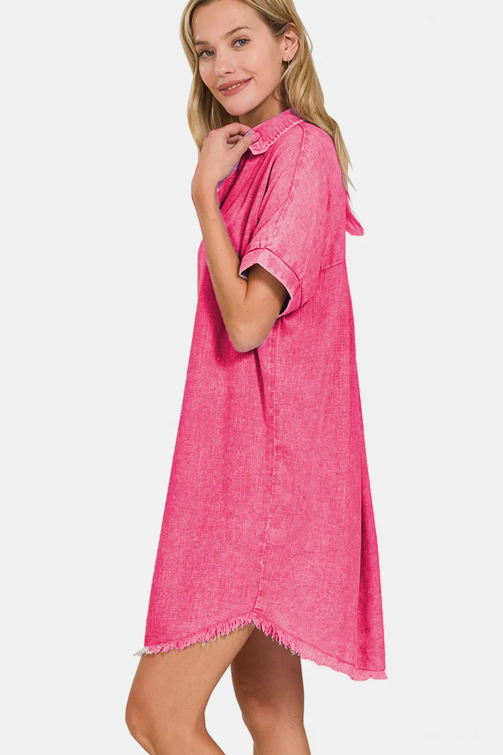Washed-Linen-V-Neck-Raw-Hem-Dress-Fuchsia-3
