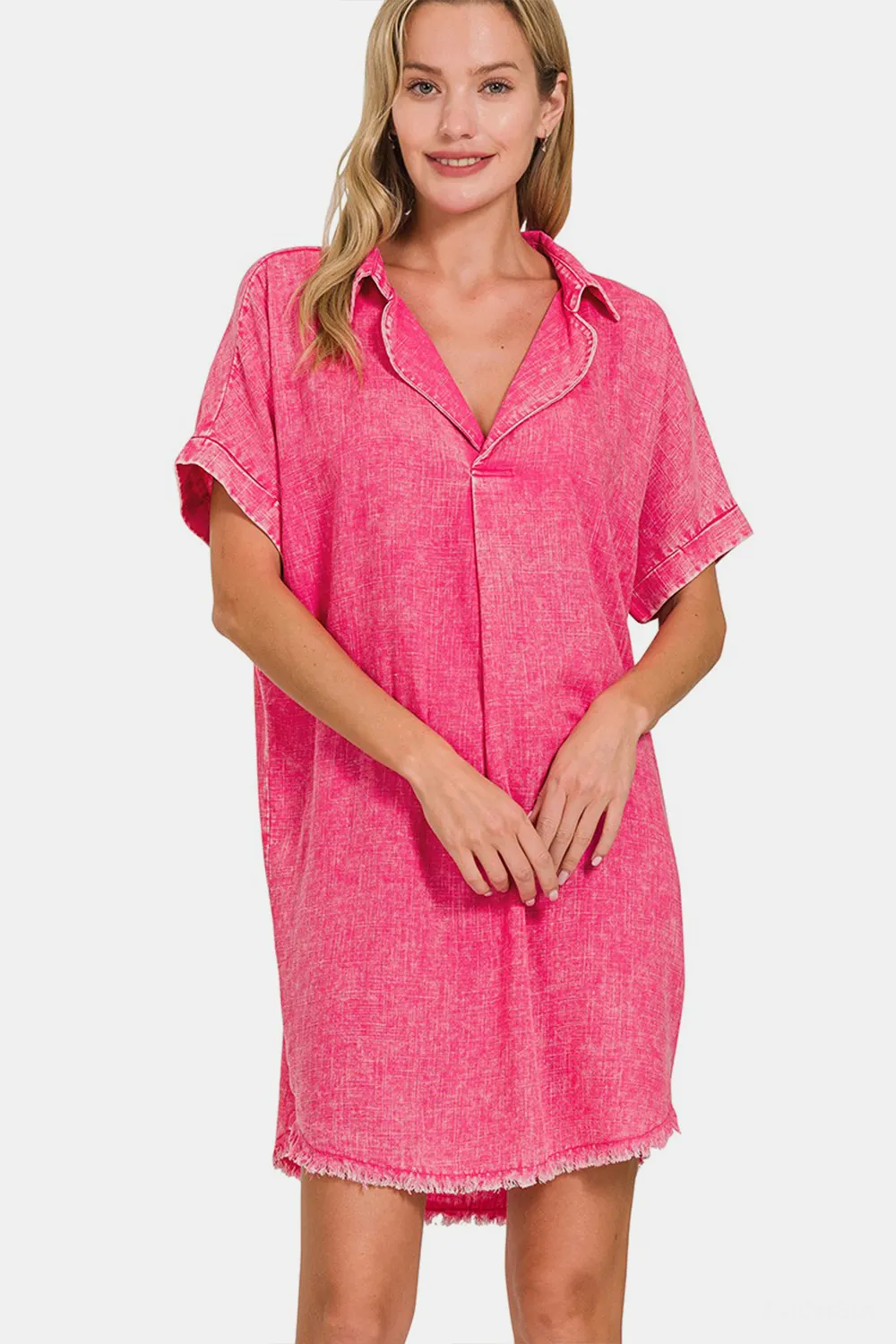 Washed Linen V-Neck Raw Hem Dress - Fuchsia
