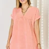 Washed Nochted Rolled Short Sleeve Dress - Coral