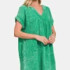 Washed Notched Short Sleeve Mini Dress - Kgreen