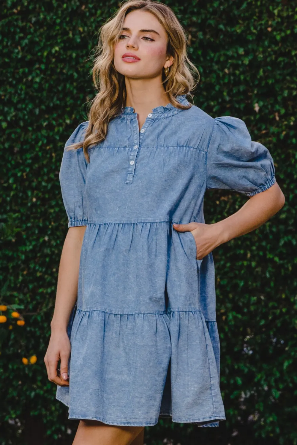 Washed Tiered Mini Denim Dress - Washed Denim