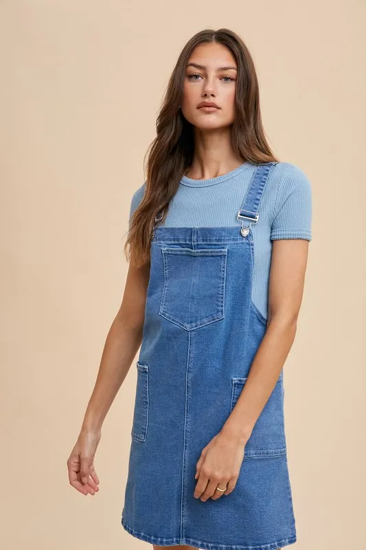 Wide Strap Denim Overall Dress with Pockets - Indigo Washed Denim